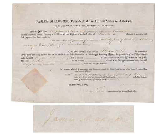 President JAMES MADISON Signed Mississippi / Alabama Land Grant JSA Auto