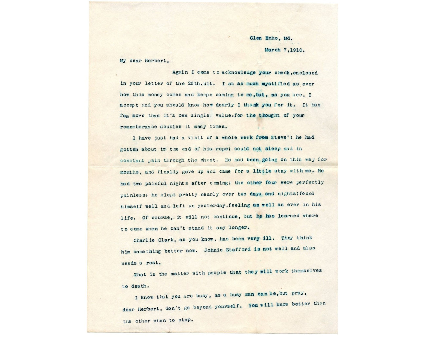 Clara Barton Signed Letter on Caring for Loved One in Final Years PSA Bold Auto