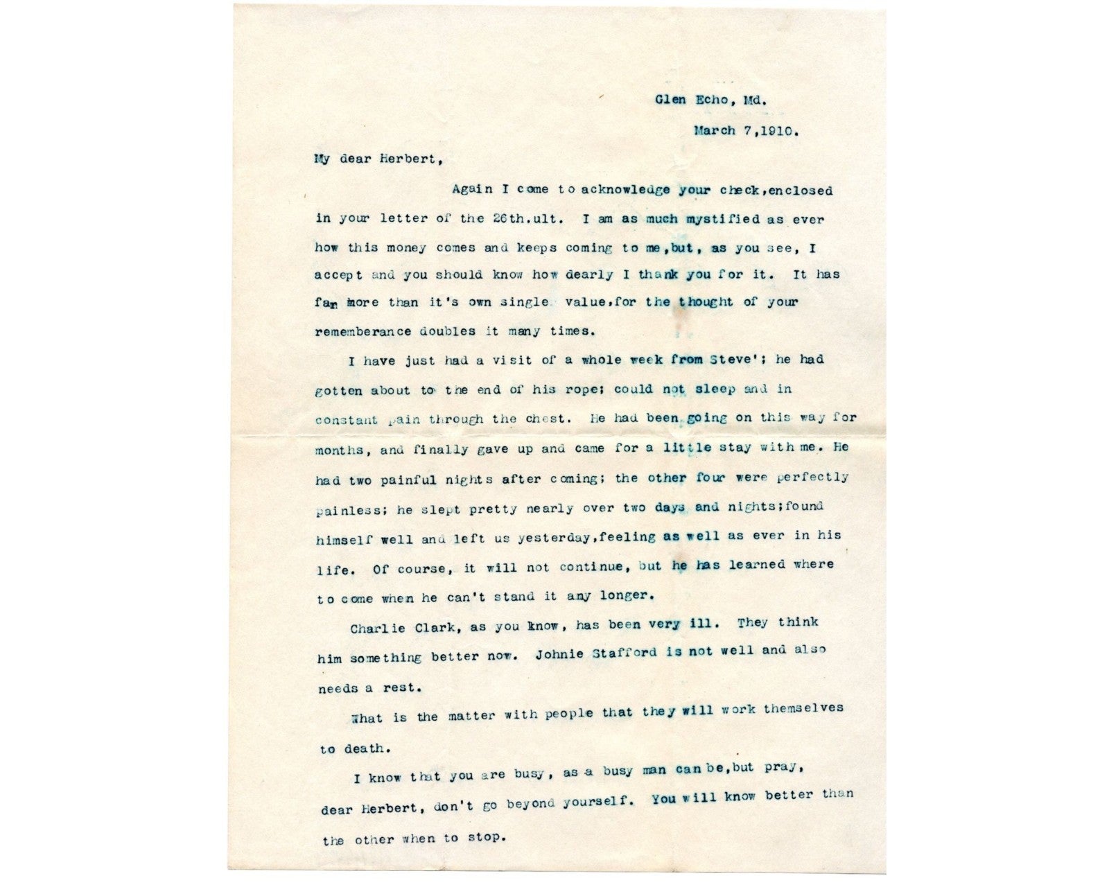 Clara Barton Signed Letter on Caring for Loved One in Final Years PSA Bold Auto