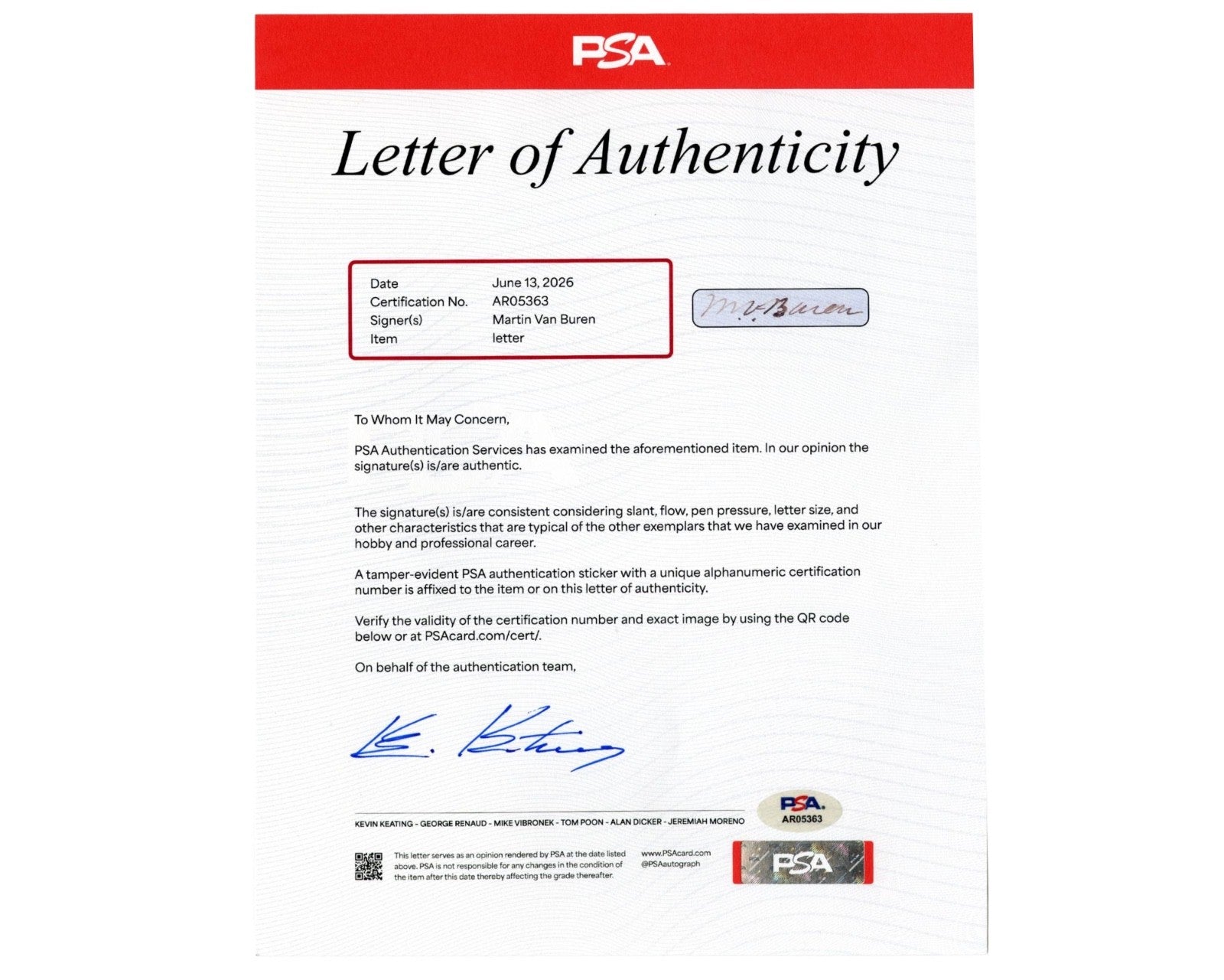 President Martin Van Buren Signed Letter Defending Estate Of NYer! PSA Auto