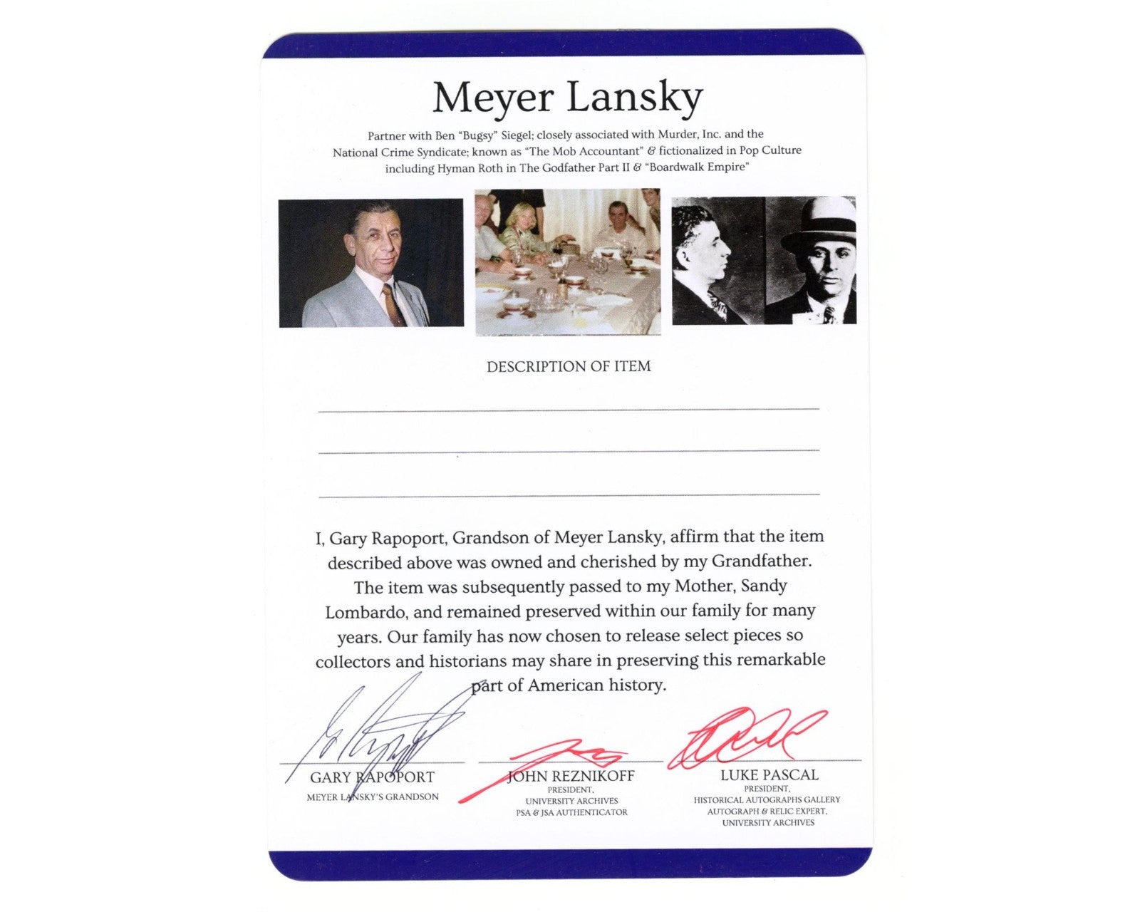 Meyer Lansky's Gorgeous Photo Matched "ML" Plate Ex. Lansky Grandson