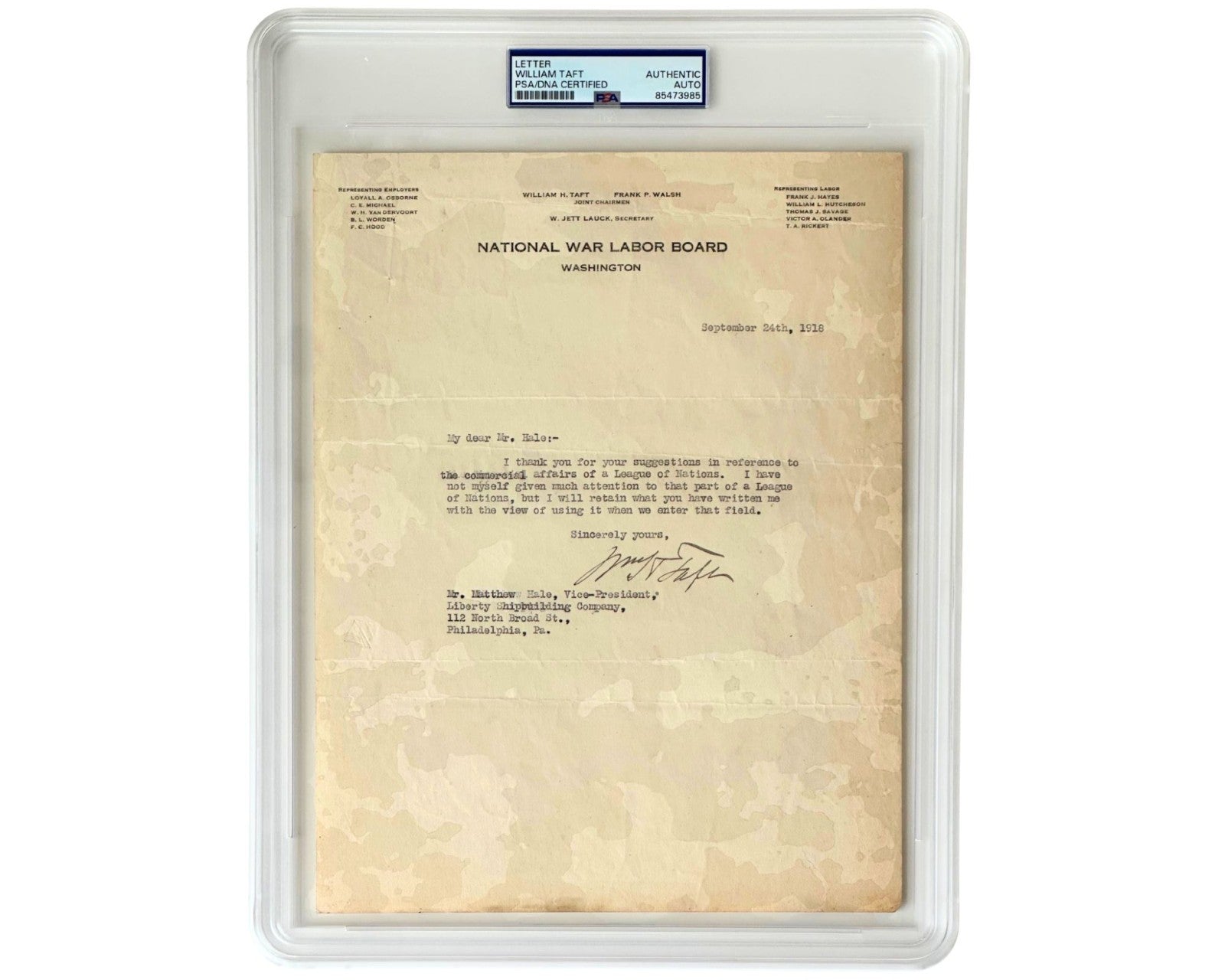 President William H. Taft Signed Letter on "affairs of a League of Nations" PSA
