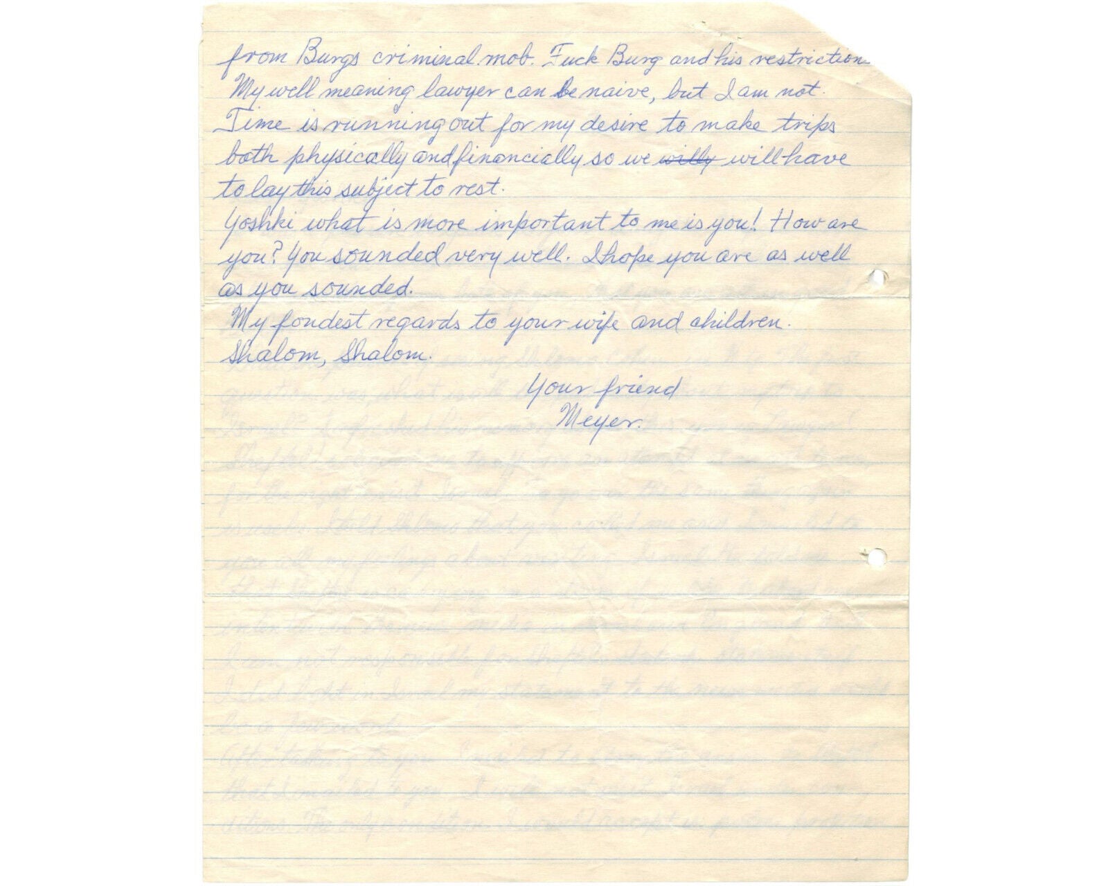 Meyer Lansky Signed Letter "Police Protection From Crim. Mob. F* Burg" PSA Mob!