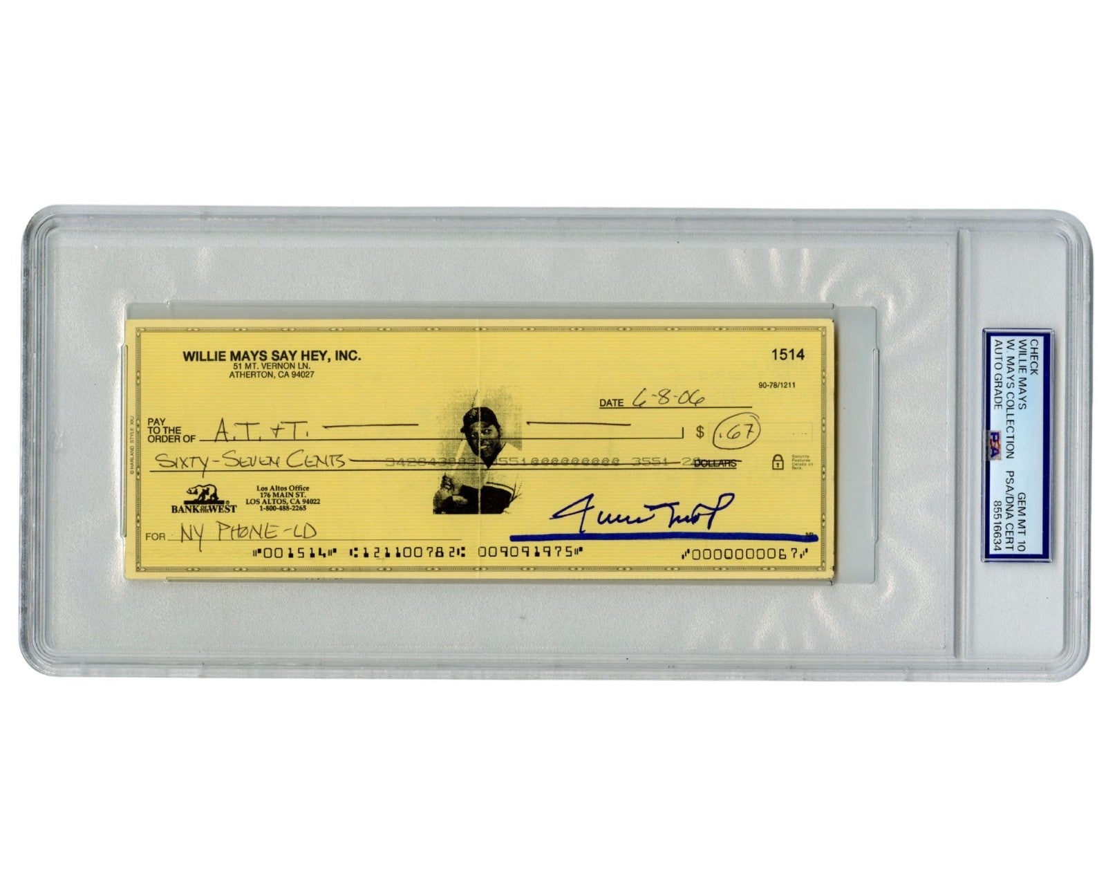 Willie Mays Signed Check to AT&T for .67 Cents! PSA Gem Mint 10 Ex. Mays Estate