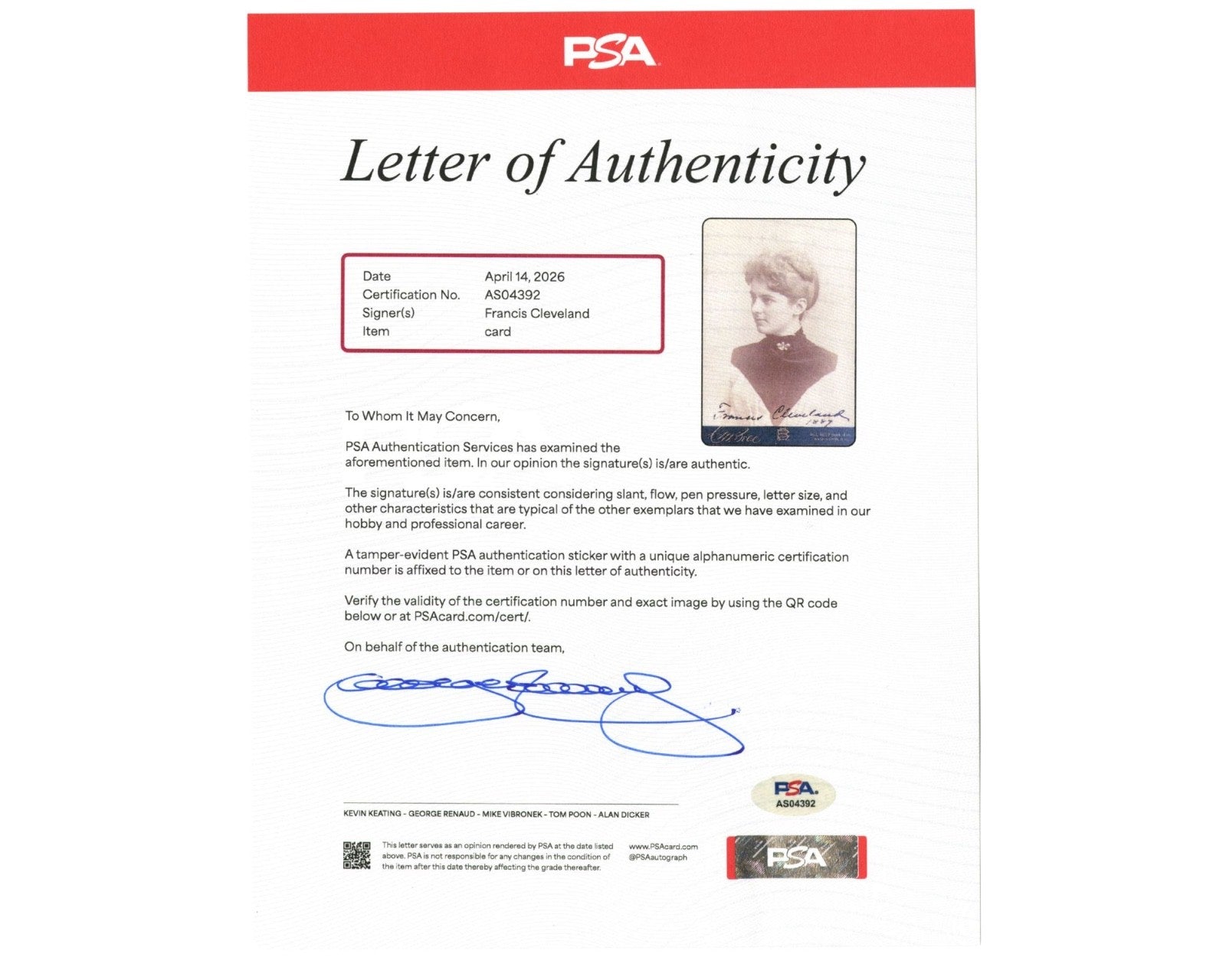 First Lady Frances Cleveland Signed & Dated Cabinet Card PSA Auto