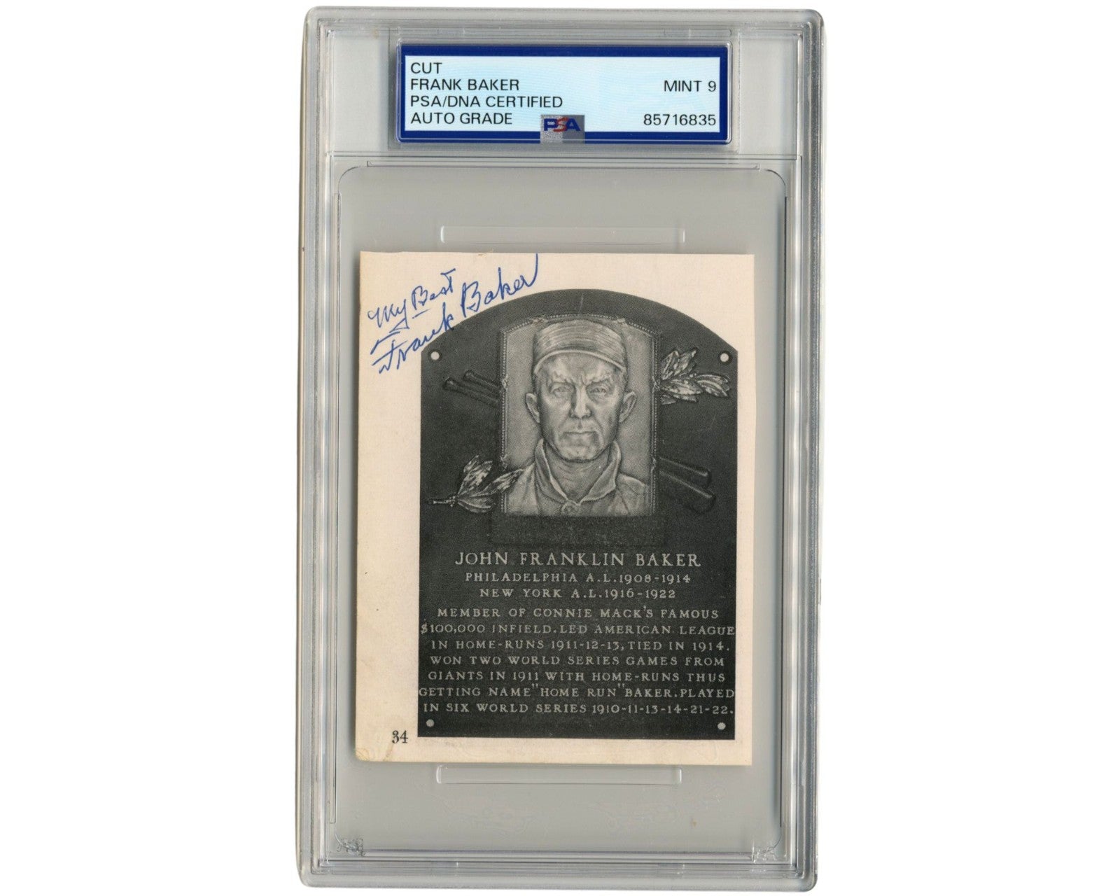 Frank "Home Run" Baker Hall of Fame Plaque Cut Signature PSA Mint 9 Auto