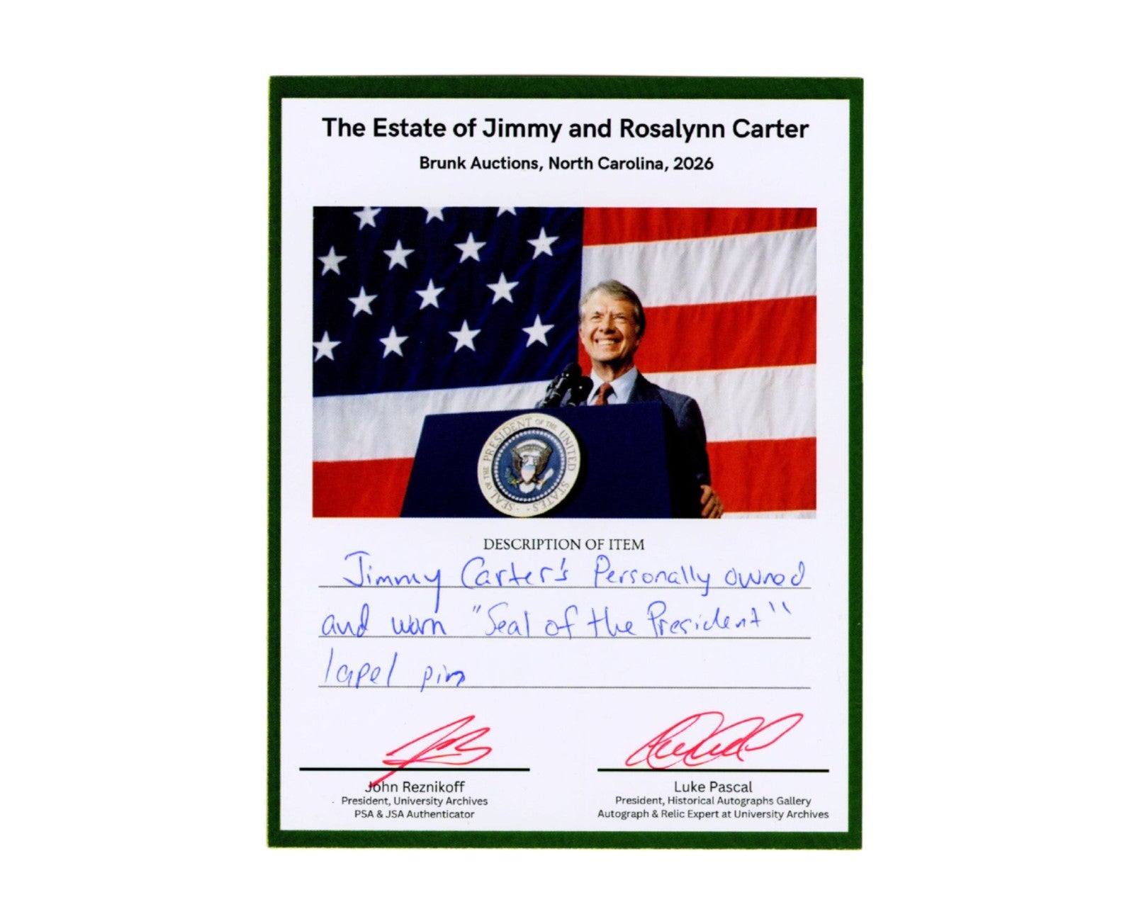 President Jimmy Carter Personally Owned US Pres. Seal Tie Pin. Ex. Carter Estate