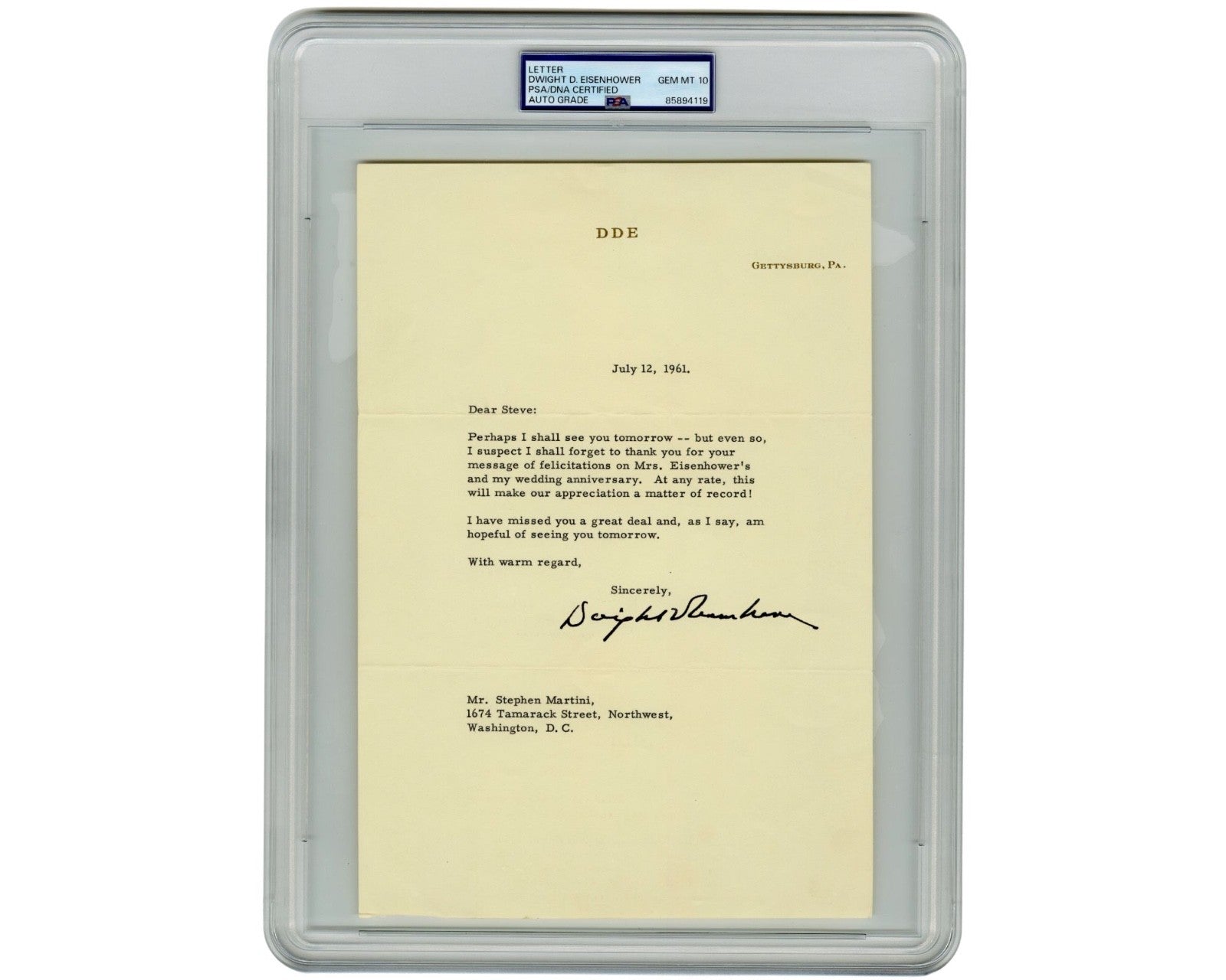 President Dwight Eisenhower Signed Letter PSA Gem Mint 10 Gettysburg Letterhead