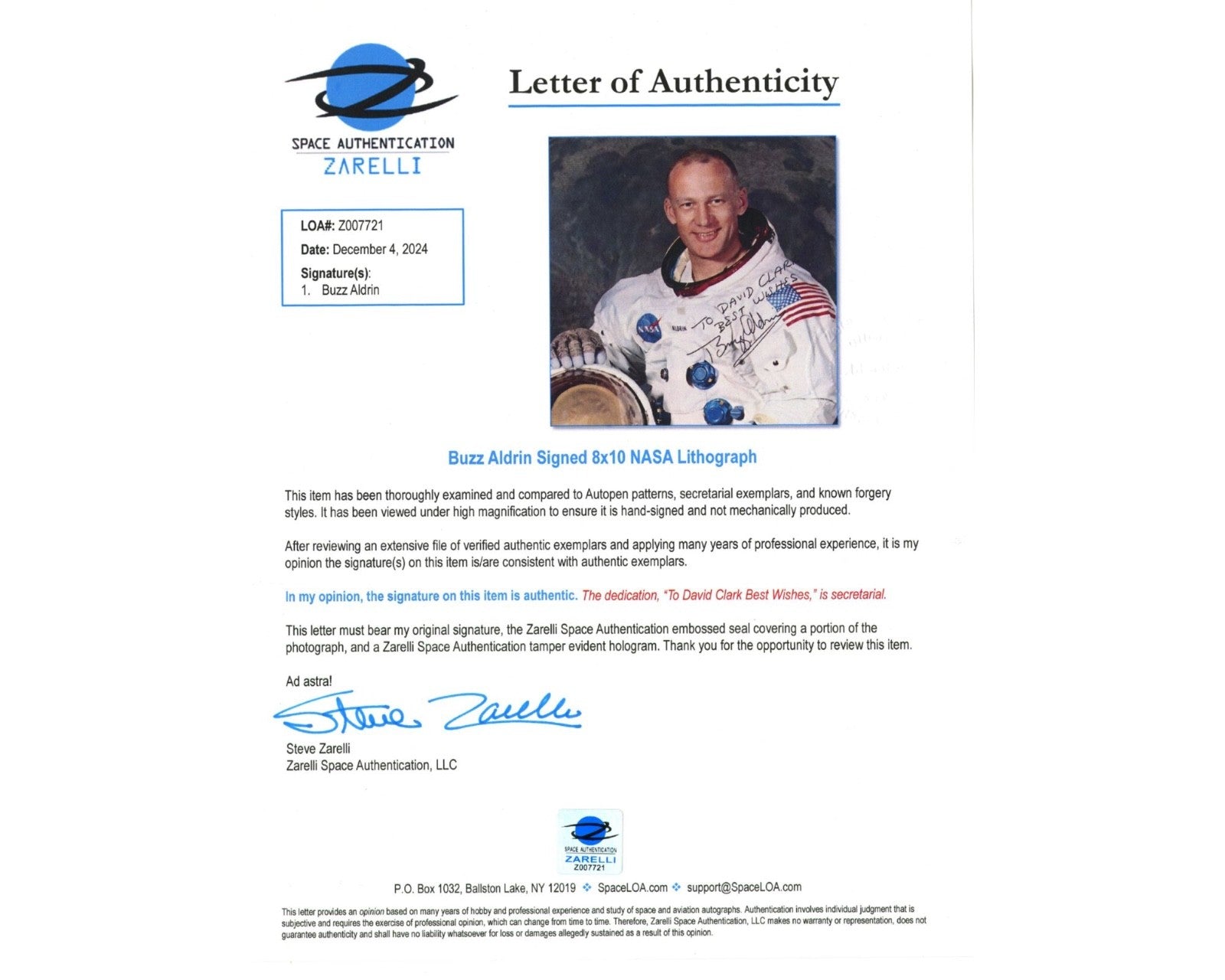 Buzz Aldrin Signed Portrait to NASA Space Suit Manufacturer! Zarelli COA