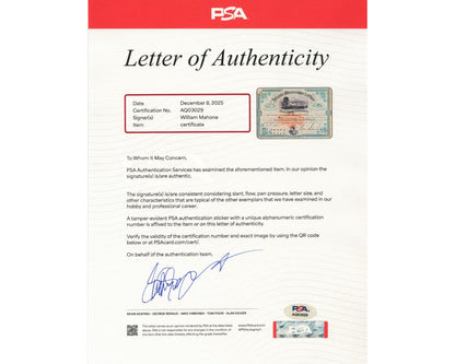 Confederate Civil War General William Mahone Signed Railroad Stock Cert. PSA