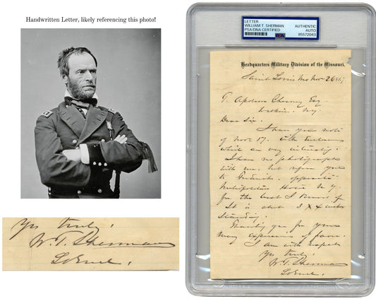 General W.T. SHERMAN Signed Letter on Fredericks St. Cabinet Card & NY Hotel PSA