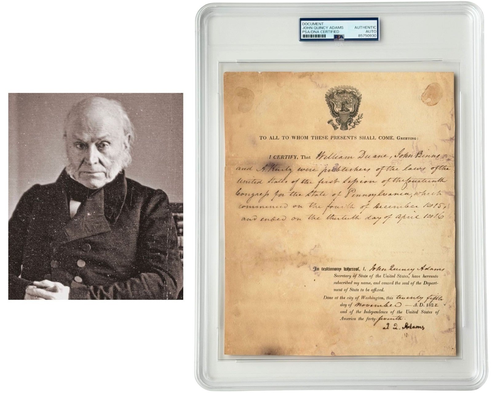 John Quincy Adams Publishes US Laws In PA, Incl. Second Bank of US Charter! PSA