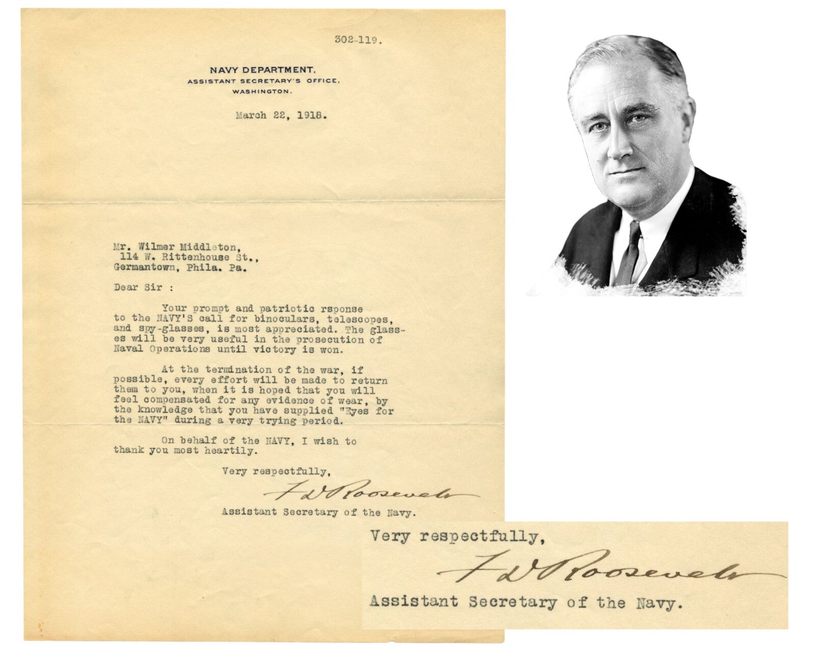 President Franklin Roosevelt Signed TLS Eyes for Navy "Until Victory is Won" PSA