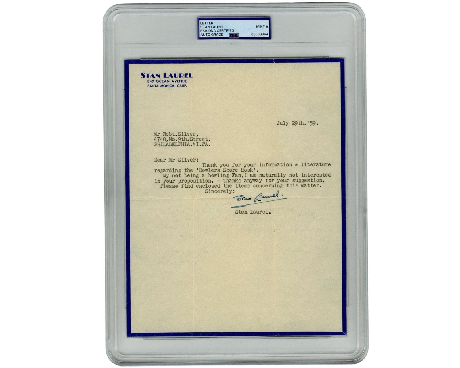 Laurel & Hardy Star Stan Laurel Bold Signed Letter PSA Mint 9