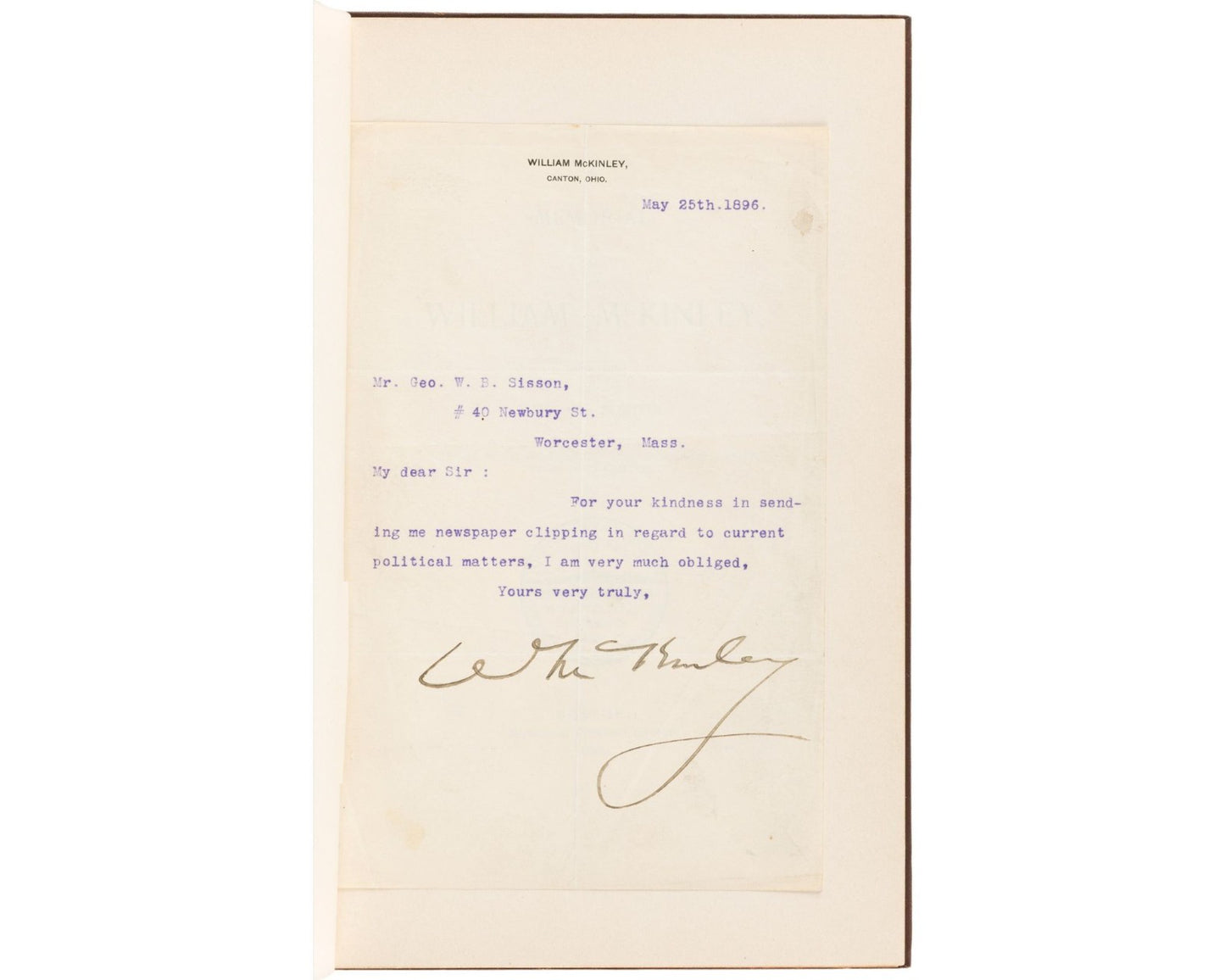 Memorial of William McKinley from Boston w/ Signed Letter & Ticket - Rare!