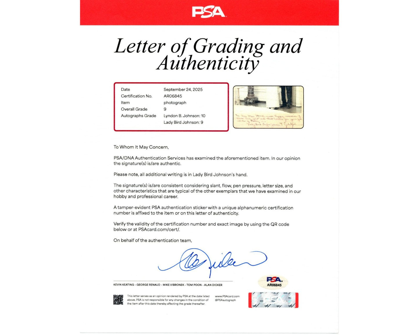 President Lyndon B. Johnson & Lady Bird Signed Photograph PSA Mint 9 Autograph