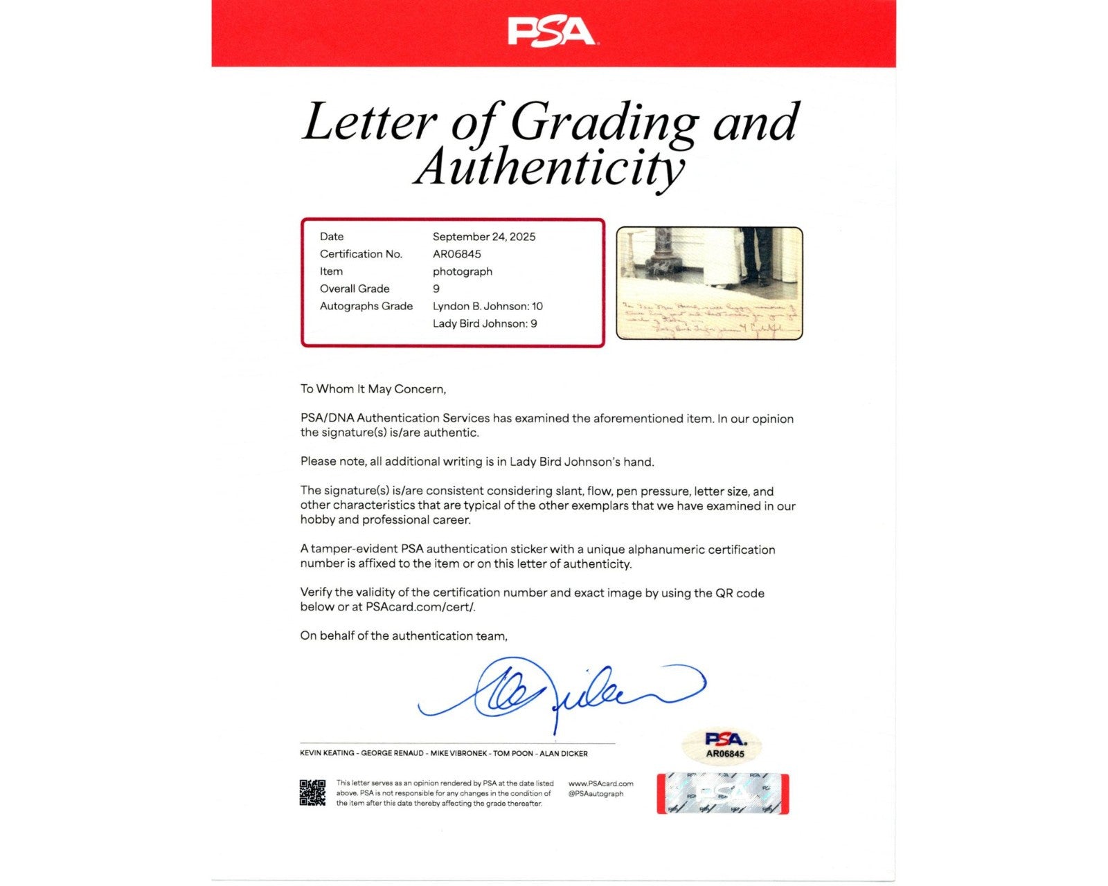 President Lyndon B. Johnson & Lady Bird Signed Photograph PSA Mint 9 Autograph