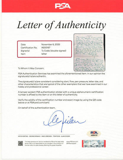 Ty Cobb Twice Signed 6 Page Handwritten Letter PSA & Beckett BAS Auto