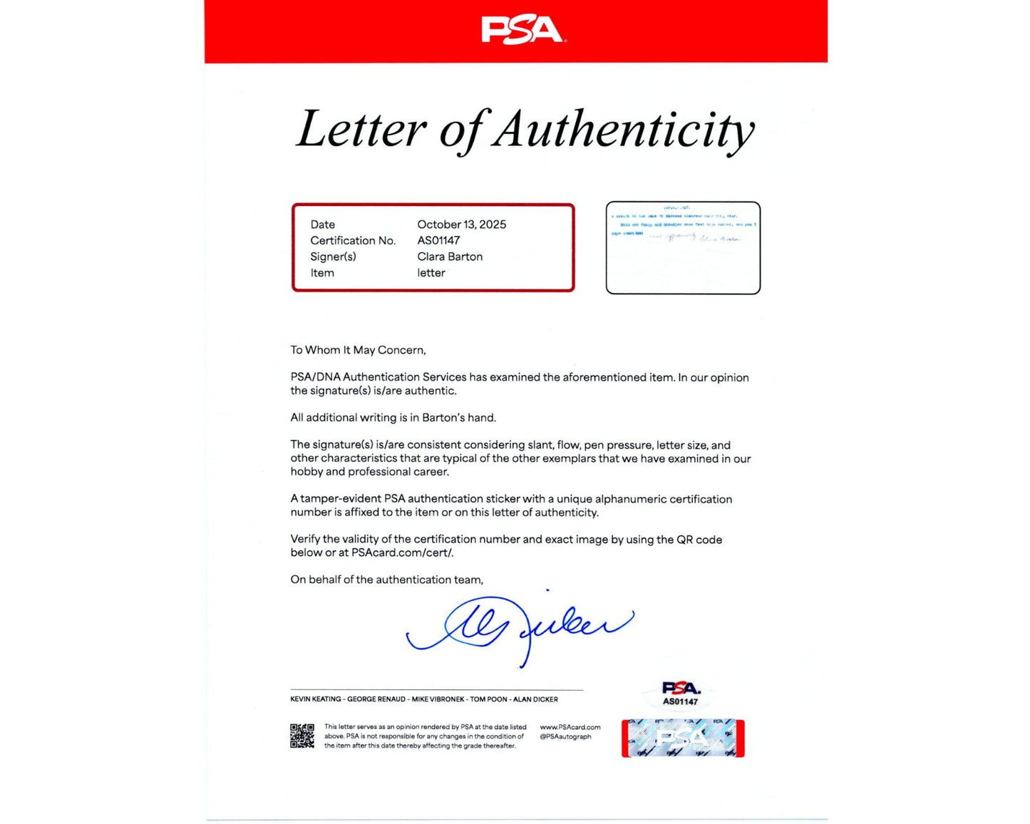 Clara Barton Signed Letter "no one can control your interests.." PSA Auto