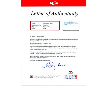 Clara Barton Signed Letter "no one can control your interests.." PSA Auto