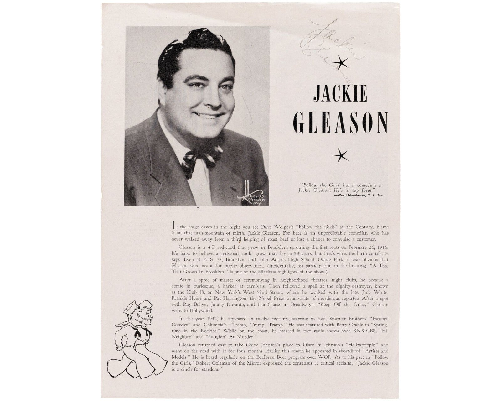 Jackie Gleason Signed Program w/ Gertrude Niesen, "The Honeymooners!" JSA Auto