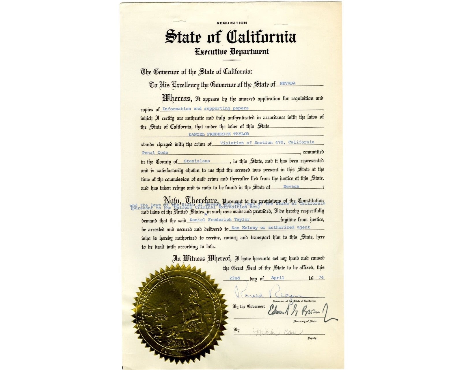 Ronald Reagan Signed Requisition Document as Governor for a Nevada Forger!