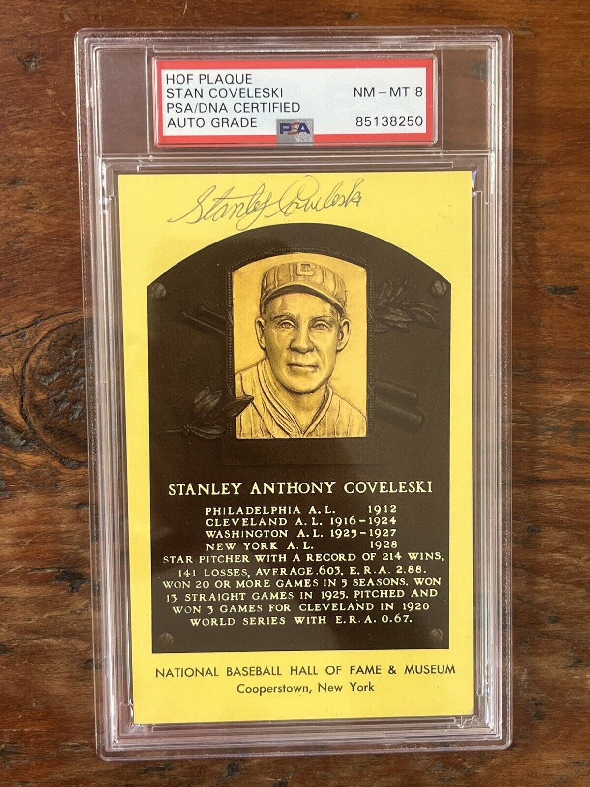 Stan Coveleski Signed HOF Post Card PSA NM-MT 8 Auto