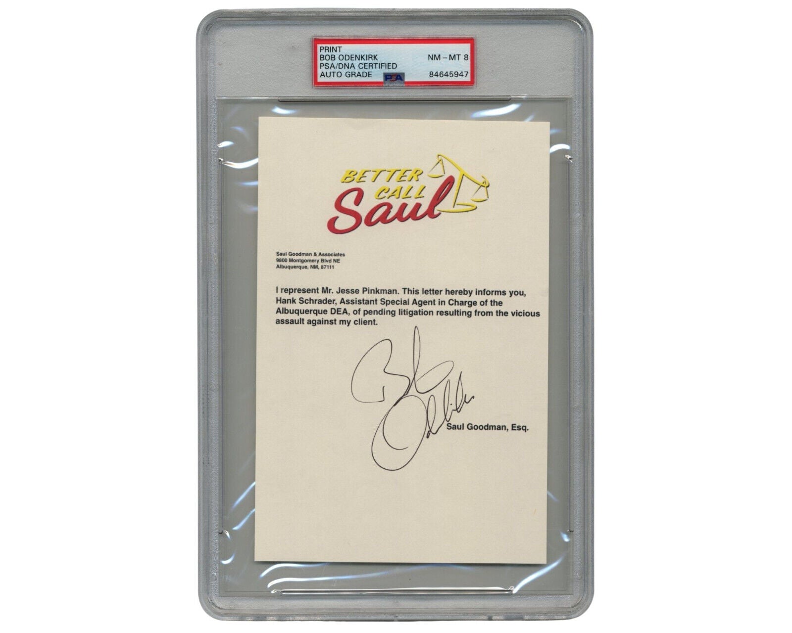 Better Call Saul Bob Odenkirk Signed Souvenir Typescript Representing Jesse! PSA