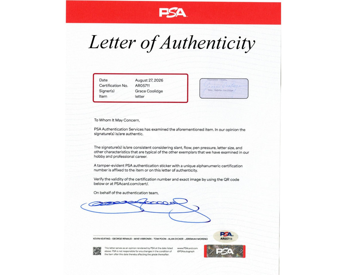 First Lady Grace Coolidge Corrects Story on Calvin! Unique Signed Letter. PSA