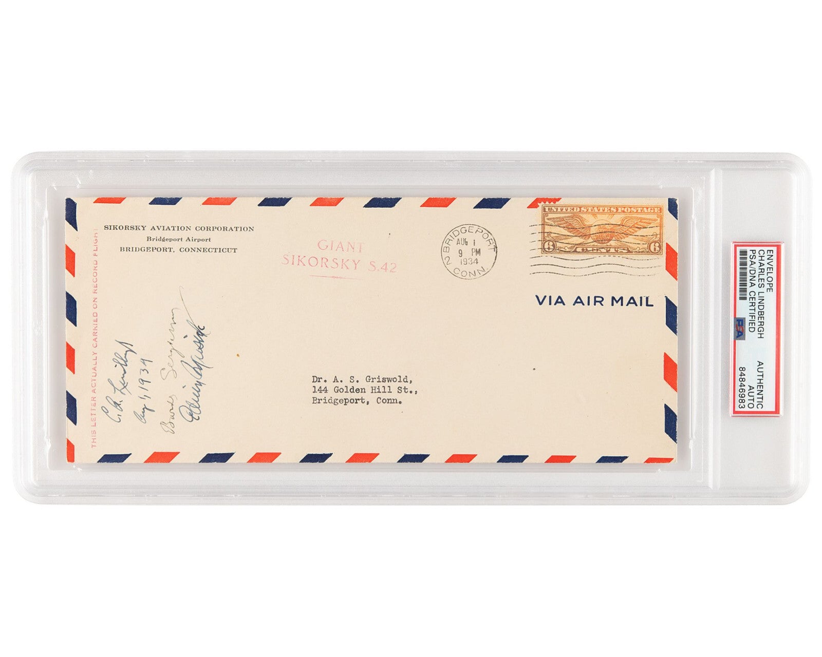Charles Lindbergh Signed Flown Airmail Cover Carried on Sikorsky S-42 Flight
