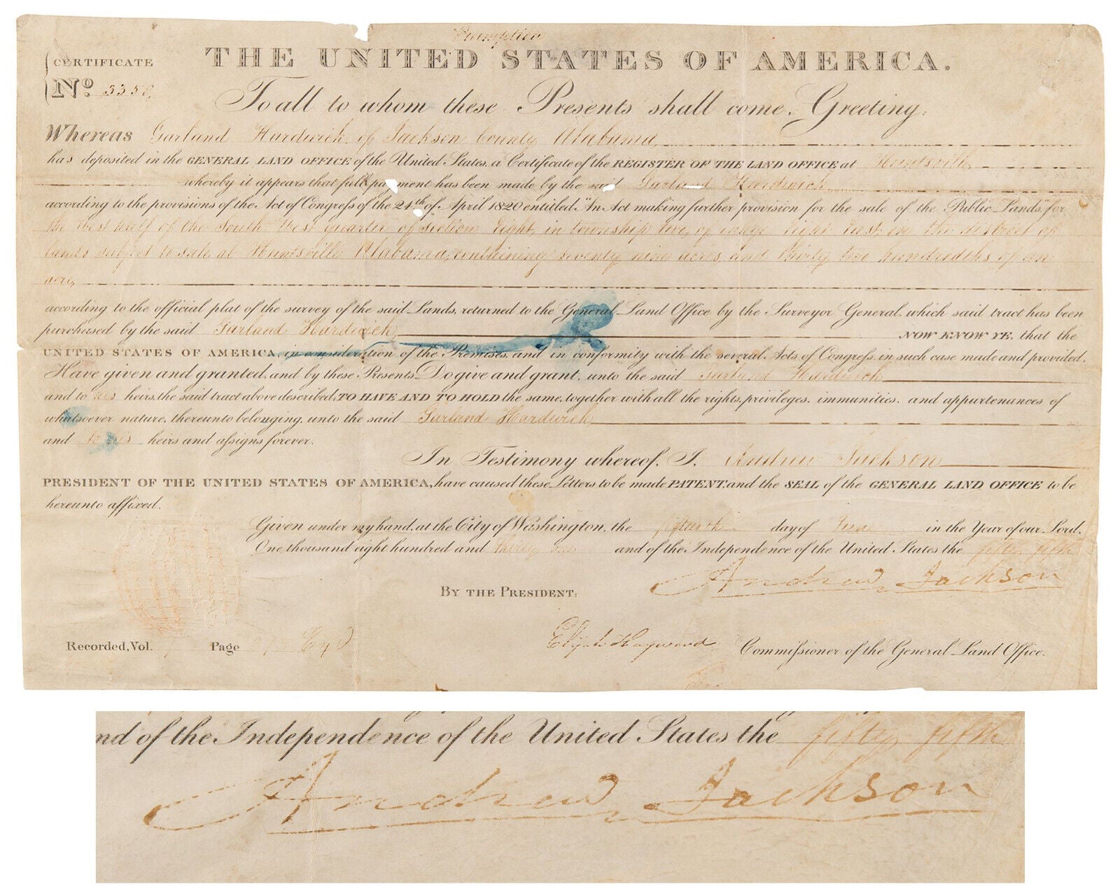 President Andrew Jackson Signed Alabama Land Grant after Indian Removal Act JSA