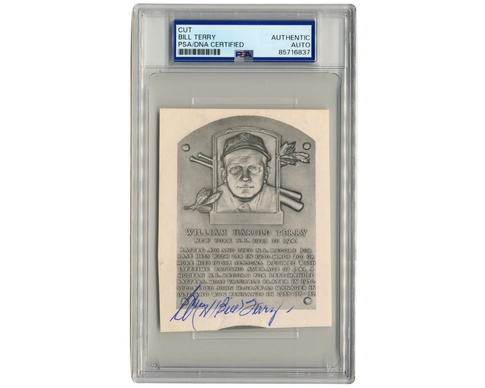 NY GIants' Bill Terry Signed HOF Plaque Cut PSA Auto