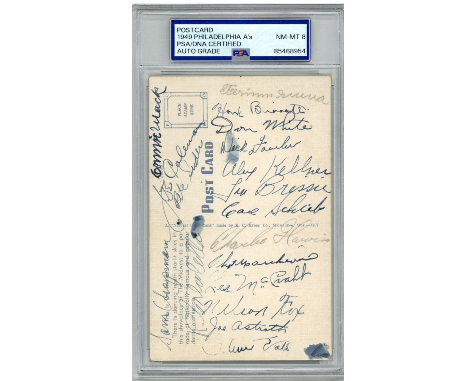 1949 Connie Mack, Nellie Fox, & 16 Philadelphia A's Signed Postcard PSA 8 Auto