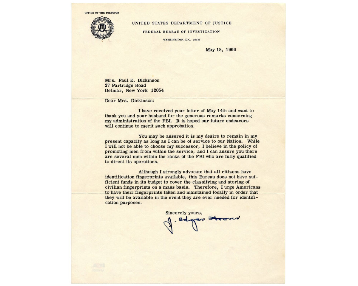 Bydir Letter FBI Dir J. Edgar Hoover Signed Letter on Civilian Fingerprinting & Suc ...