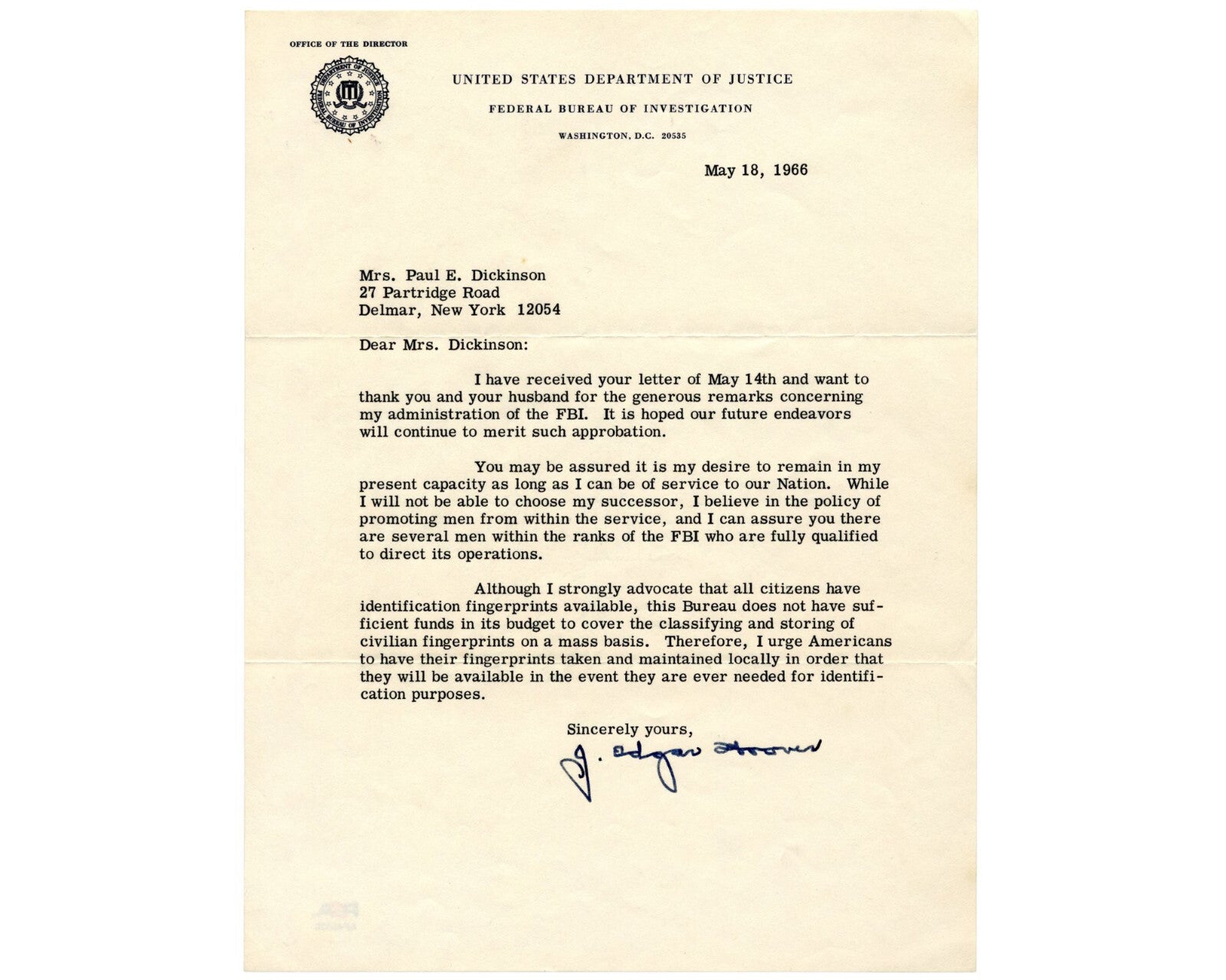 FBI Dir J. Edgar Hoover Signed Letter on Civilian Fingerprinting & Successor PSA