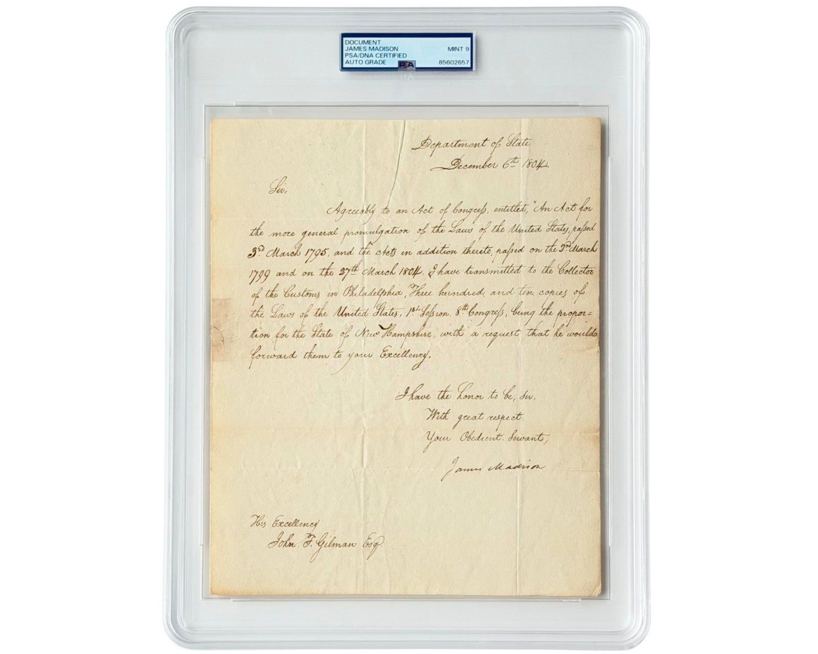 President James Madison Distributes Laws of US to New Hampshire PSA Mint 9