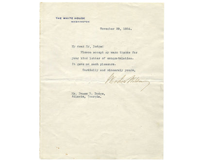President Woodrow Wilson Signed White House Letter as Pres. PSA - Bold Auto!