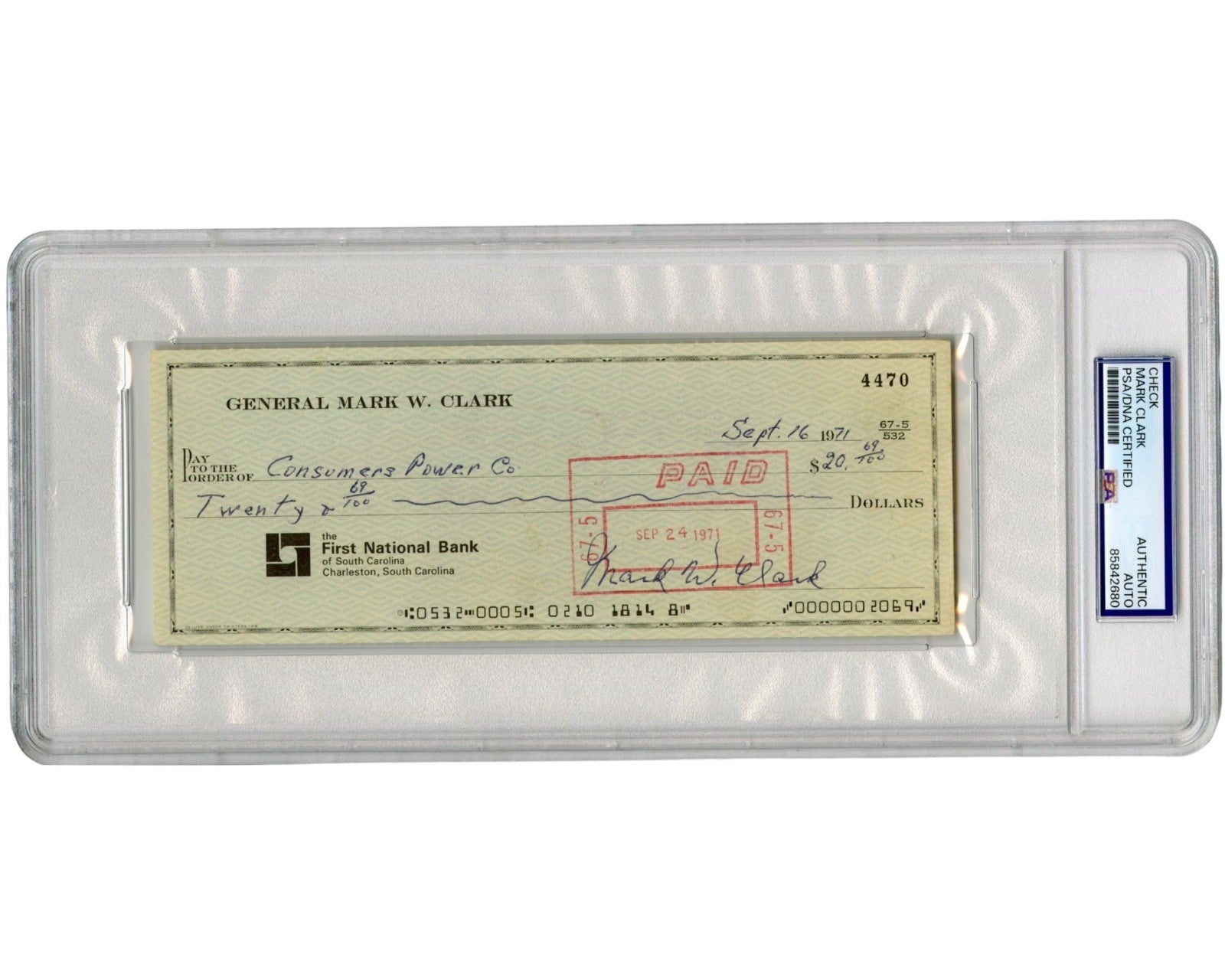 WWII General Mark Clark Signed Check to Pay Electric Bill! PSA Auto