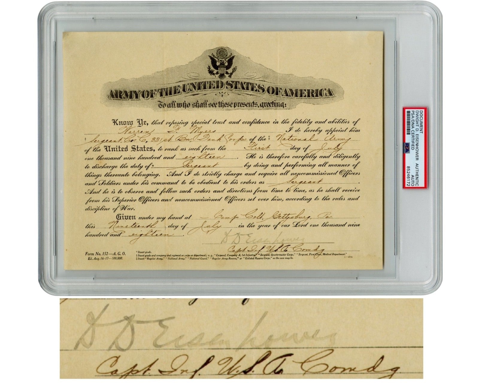 WWI Dated President Dwight D. Eisenhower Signed Army Appointment - One of a Kind