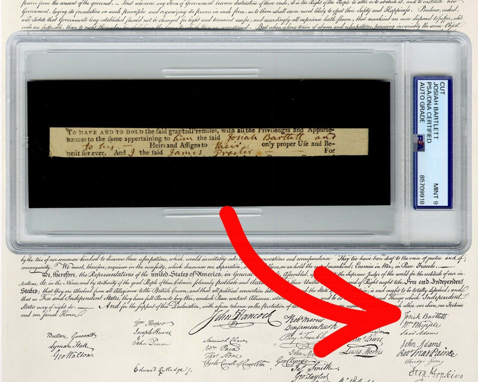 Declaration of Independence Signer Josiah Bartlett Signed Doc. Cut Display PSA 9