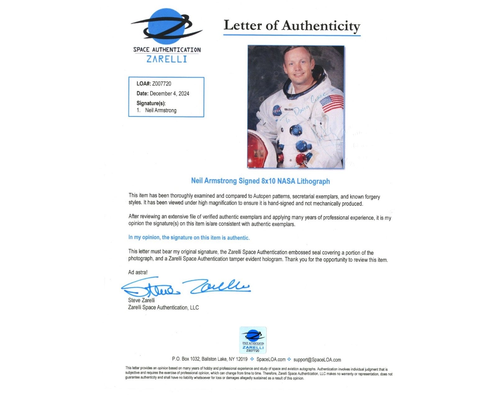 Neil Armstrong Signed Portrait to NASA Space Suit Manufacturer! Zarelli COA