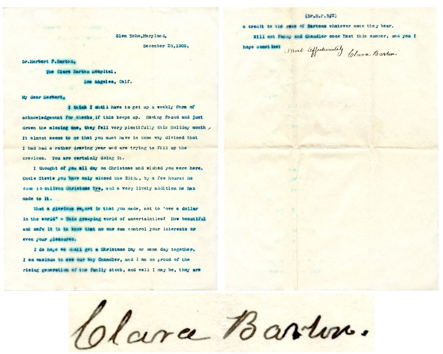 Clara Barton Signed Letter "no one can control your interests.." PSA Auto