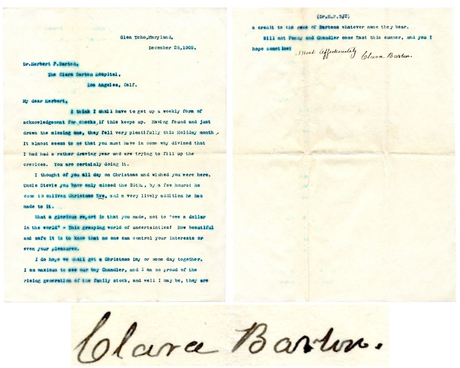Clara Barton Signed Letter "no one can control your interests.." PSA Auto