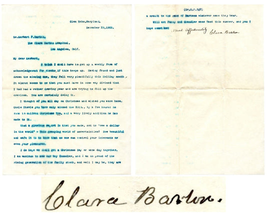 Clara Barton Signed Letter "no one can control your interests.." PSA Auto
