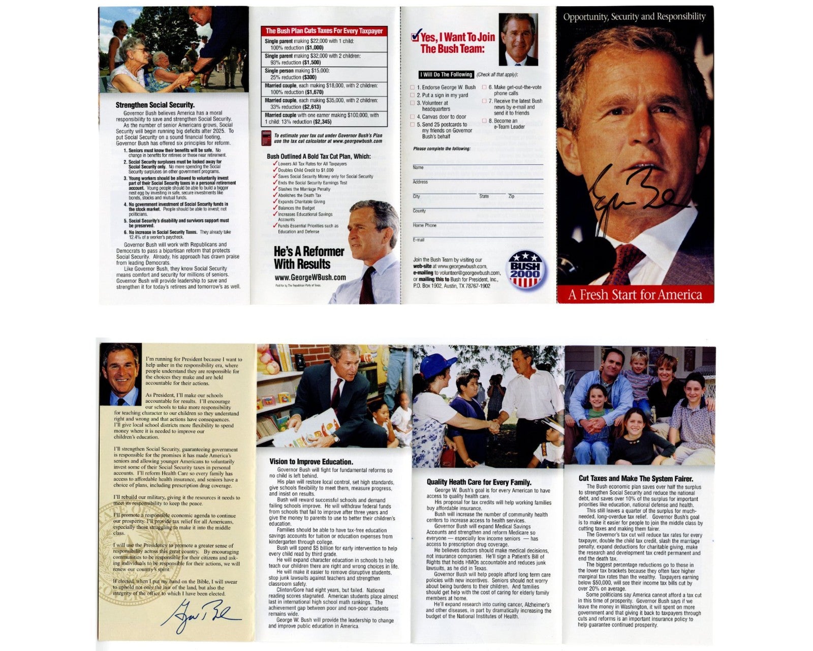President George W. Bush Signed Presidential Campaign Pamphlet PSA Autograph