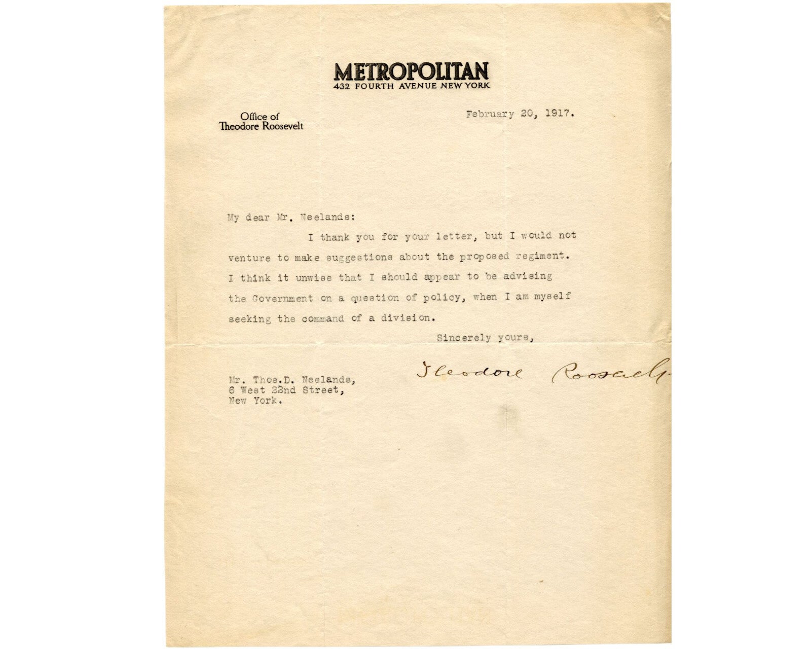 President Theodore Roosevelt Seeks to Re-Enter Combat PSA Historic Signed Letter