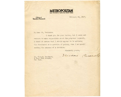 President Theodore Roosevelt Seeks to Re-Enter Combat PSA Historic Signed Letter
