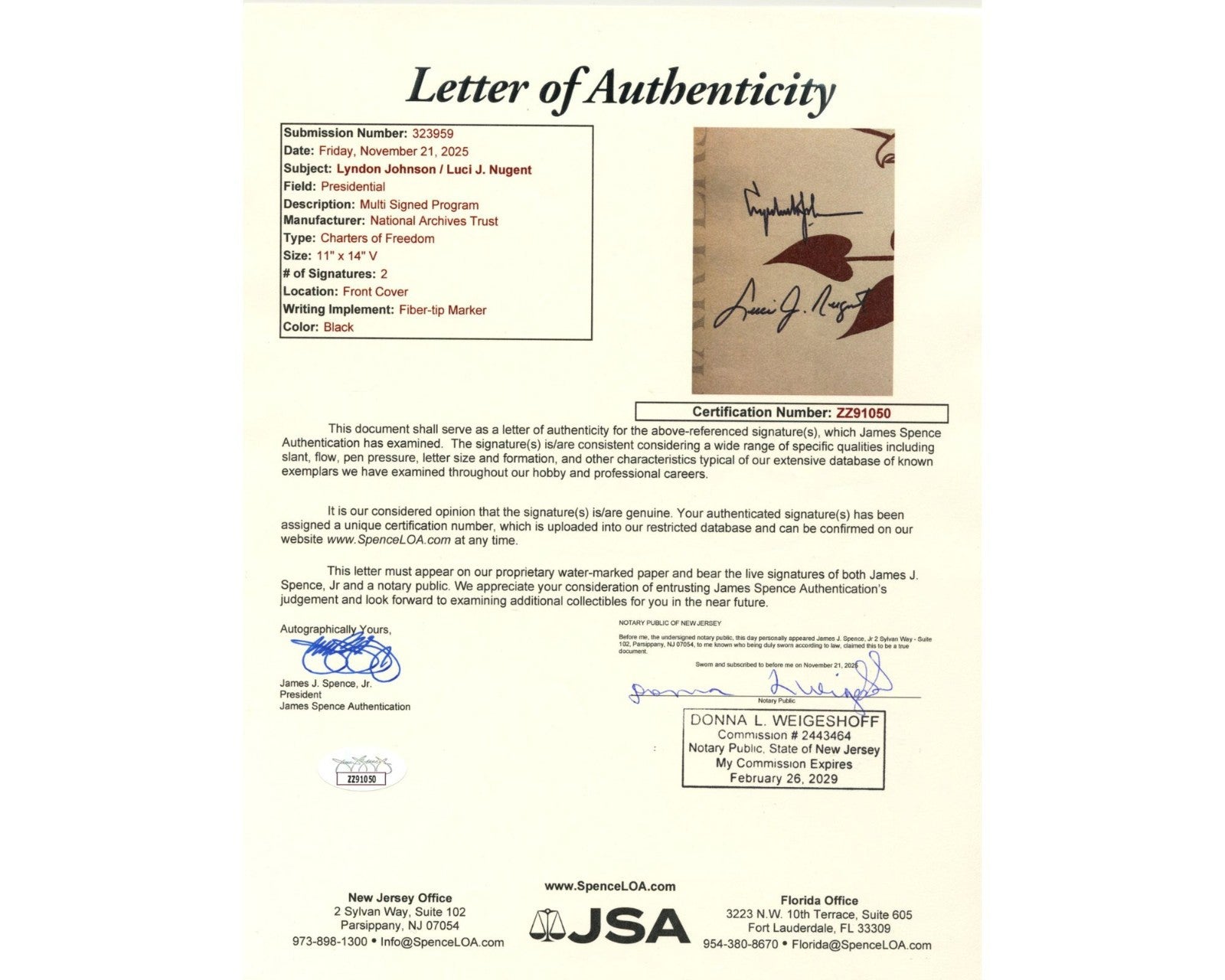 President Lyndon Johnson Signed Program w/ Declaration, Consitution Prints JSA