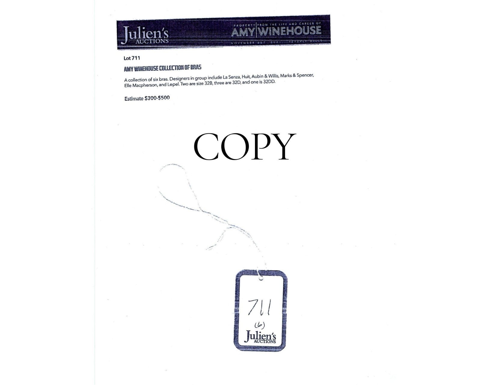 Amy Winehouse's Personally Owned Bra Fabric - Removed from Cup! Ex. Juliens, RR