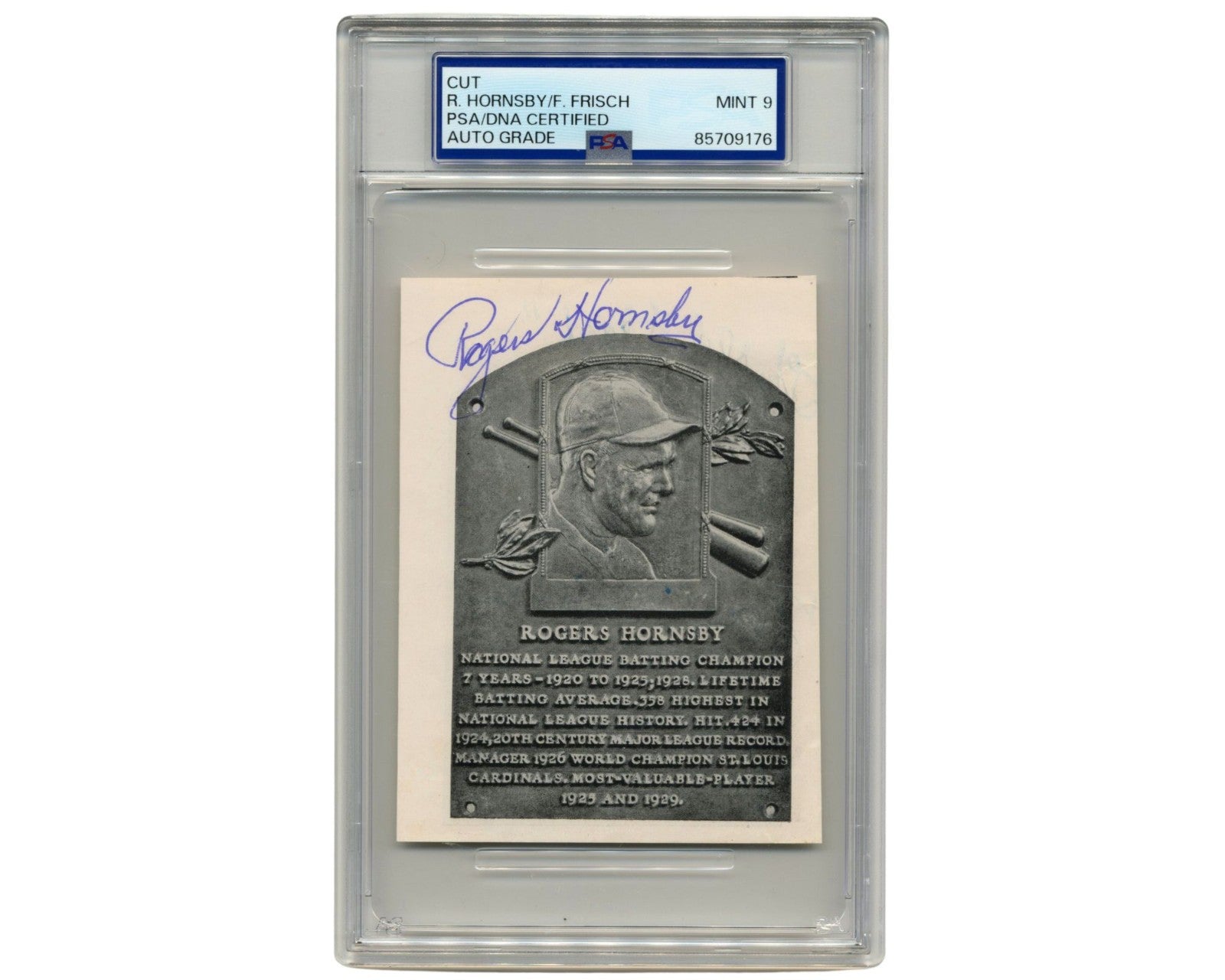 Rogers Hornsby & Frankie Frisch Signed Cut "HOF Plaque" PSA Mint 9 Auto